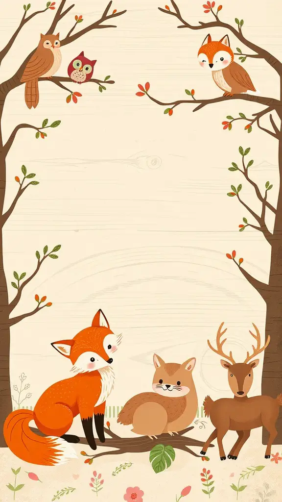25 Creative Baby Shower Themes for September Celebrations 4 A whimsical illustration of woodland creatures including a fox, a deer, and an owl, set against a light background with trees and flowers.