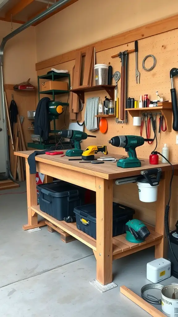 21 Creative Garage Workbench Ideas to Maximize Your Space 10 A well-organized garage workbench with power tools and storage options.