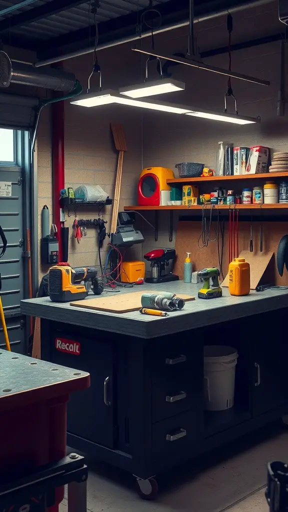 21 Creative Garage Workbench Ideas to Maximize Your Space 8 A well-organized garage workbench with built-in overhead lighting, showcasing tools and supplies.