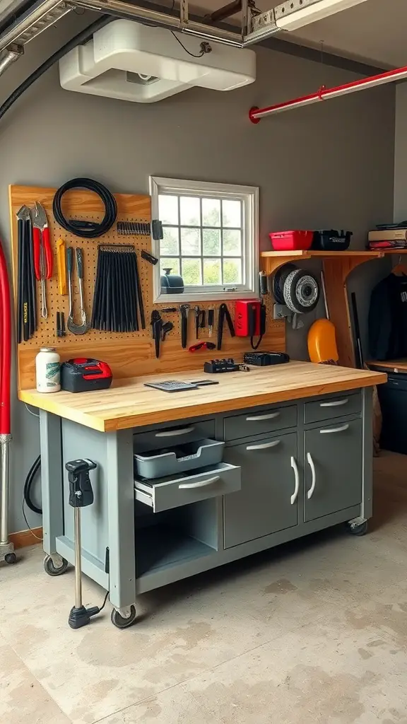 21 Creative Garage Workbench Ideas to Maximize Your Space 12 A garage workbench with integrated tool storage, featuring a wooden top, gray cabinets, and a pegboard with various tools.