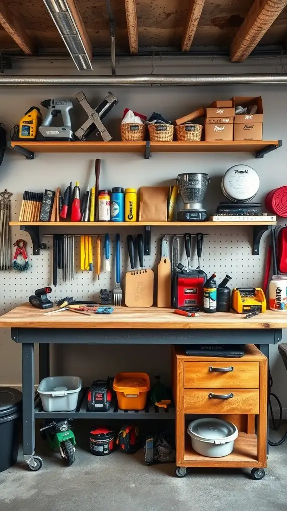 21 Creative Garage Workbench Ideas to Maximize Your Space 6 A garage workbench with overhead storage, showcasing tools and supplies organized on shelves.
