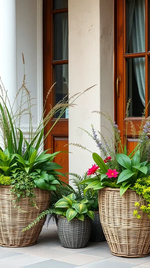 19 Stunning Front Door Planter Ideas to Elevate Your Entryway 14 A collection of woven basket planters filled with various plants and flowers near a front door.