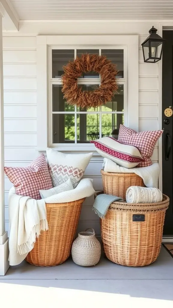 Woven baskets on a farmhouse porch filled with pillows and blankets