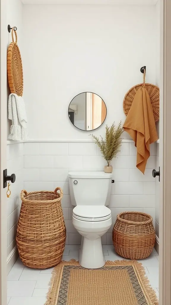 A small rustic bathroom with woven baskets, a jute rug, and natural decor elements.