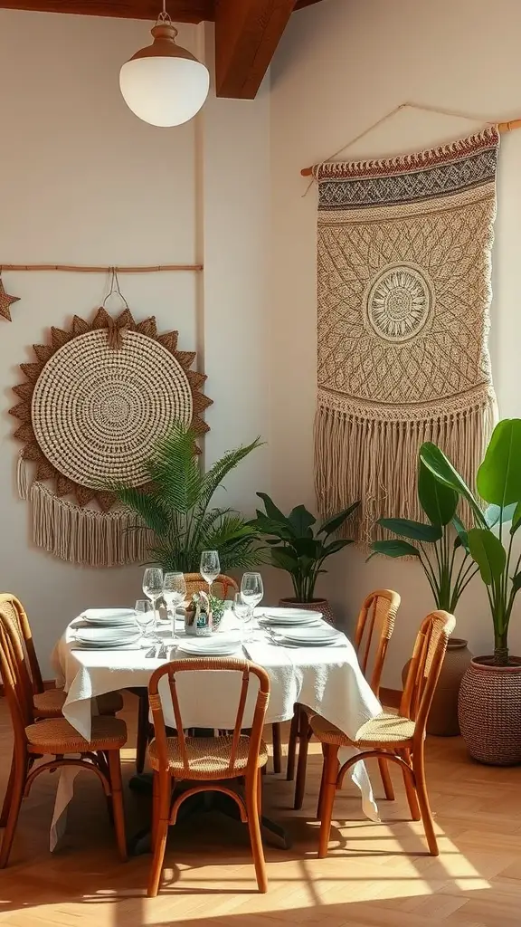 21 Stunning Dining Room Wall Decor Ideas to Transform Your Space 10 A cozy dining room featuring woven wall hangings, a round table with chairs, and plants.