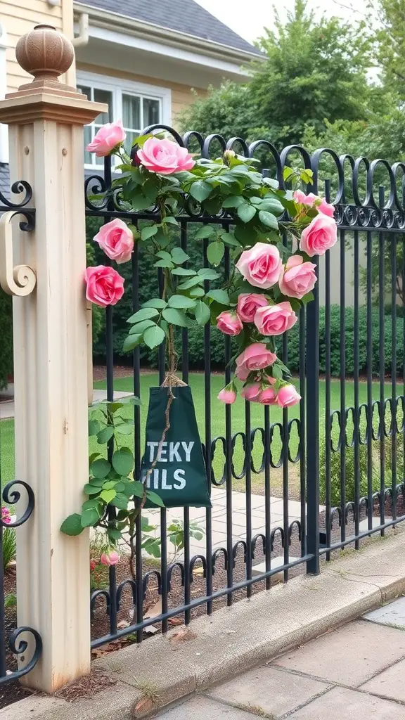 A wrought iron fence with pink roses growing on it, leading into a French country backyard.