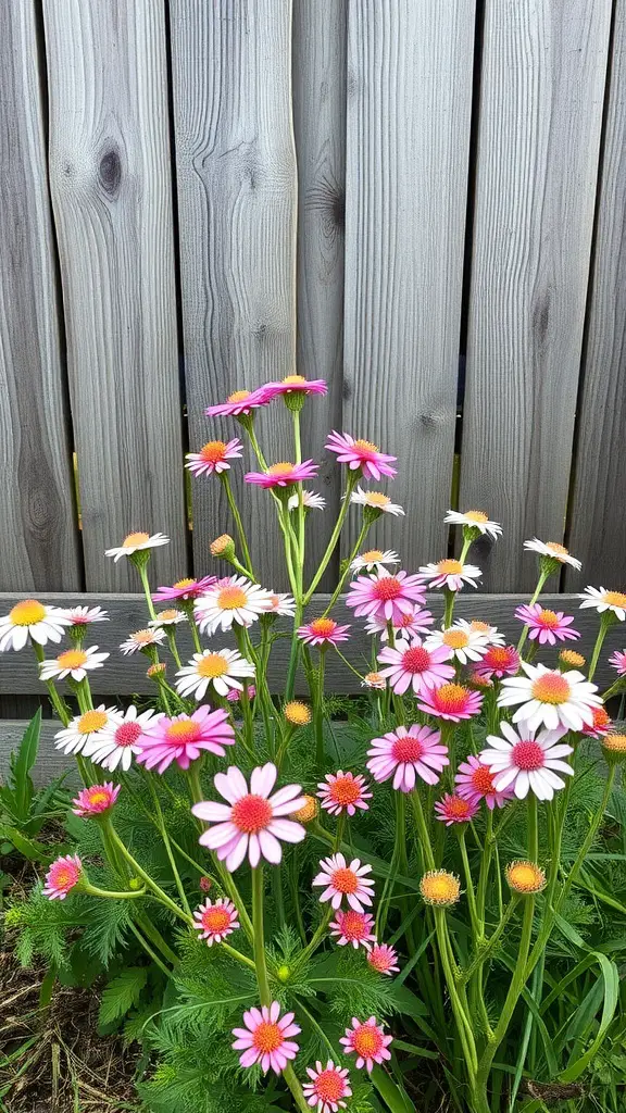 17 Long-Blooming Perennials for a Vibrant Garden Year-Round 15 A vibrant cluster of yarrow flowers in pink and white against a wooden fence.