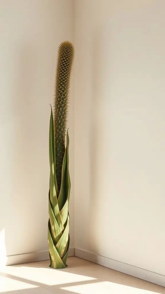 A tall yucca plant with long green leaves, positioned in a corner of a room.