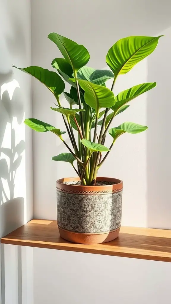 A healthy Zamioculcas zamiifolia plant in a decorative pot, sitting on a wooden shelf with sunlight casting a shadow behind it.