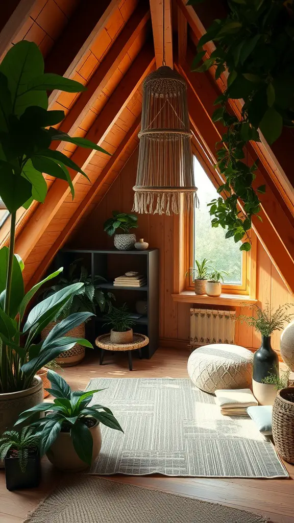 Cozy attic meditation space with plants and soft decor