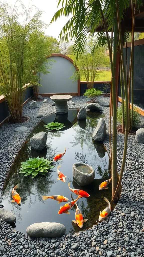 19 Stunning Koi Pond Ideas for Your Backyard Oasis 7 A serene zen garden with a koi pond, featuring rocks, water lilies, and koi fish under bamboo.