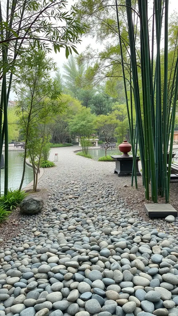 21 Stunning Pathway Landscaping Ideas to Enhance Your Outdoor Space 4 A pebble path winding through a lush Zen garden with bamboo and greenery.