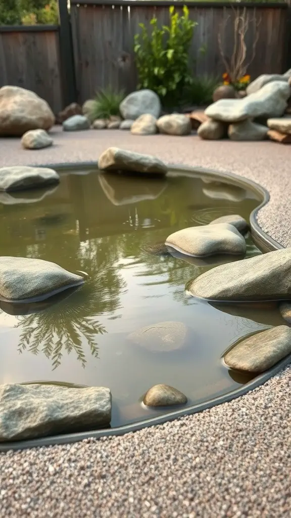 17 Creative Garden Pond Ideas to Enhance Your Outdoor Space 10 A tranquil zen garden pond with rocks and sand, featuring smooth stones and reflections of greenery.