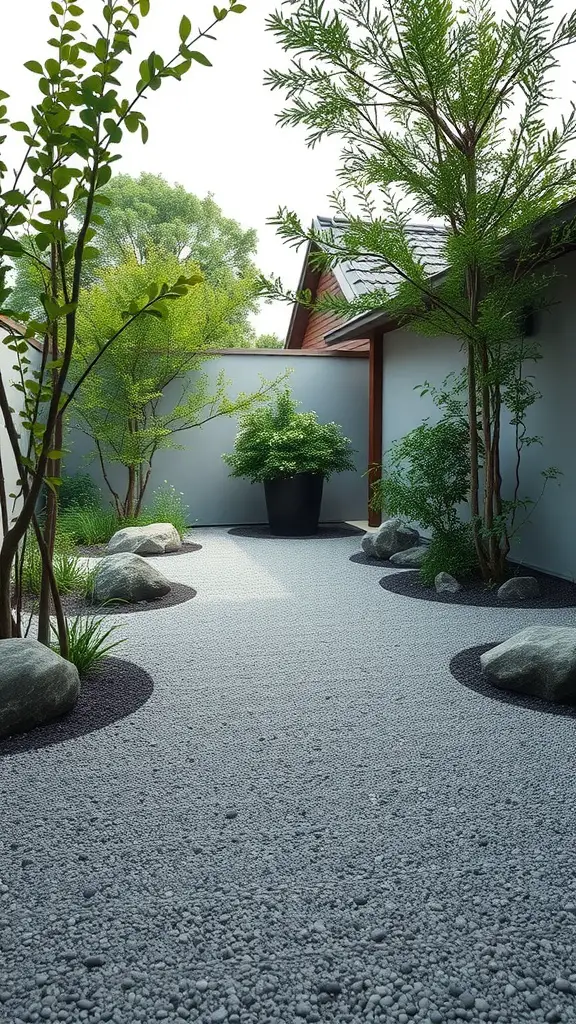 23 Inspiring Modern Garden Ideas to Transform Your Outdoor Space 7 A peaceful Zen garden with gravel pathways, stones, and lush greenery.