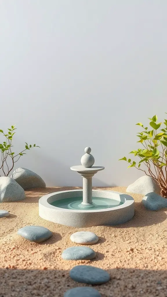 17 Creative DIY Solar Fountain Ideas for Your Garden 16 A minimalist solar fountain in a Zen garden setting, surrounded by smooth stones and small green plants.