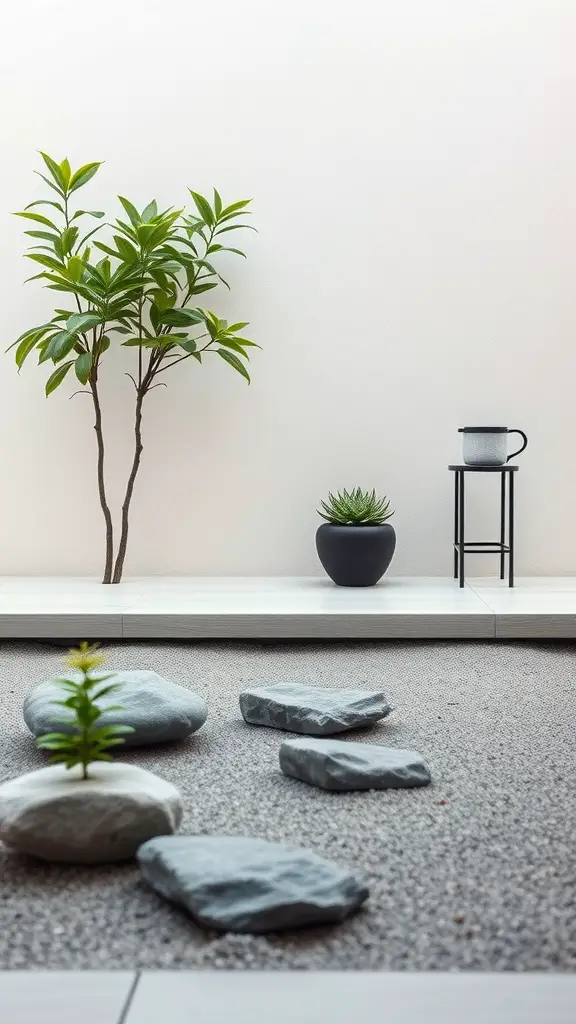 A minimalist zen garden with a small tree, succulent in a black pot, and stones.