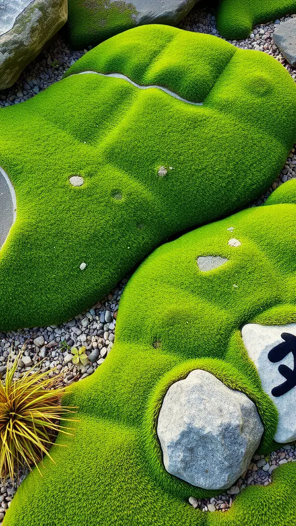 A close-up view of a zen garden featuring vibrant green moss and smooth stones.