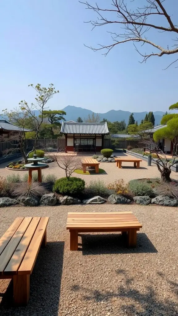 Zen garden with wooden benches and traditional architecture in the background