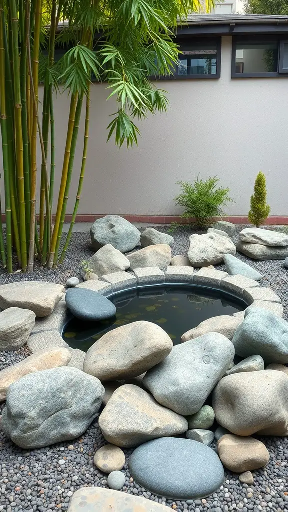 27 Creative Enclosed Garden Ideas for Your Outdoor Oasis 8 A serene Zen garden featuring a circular pond surrounded by smooth stones and bamboo plants