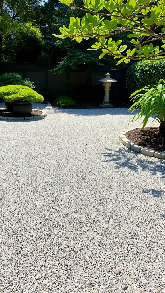 A tranquil zen garden featuring smooth gravel, lush green plants, and a stone lantern, creating a peaceful atmosphere.