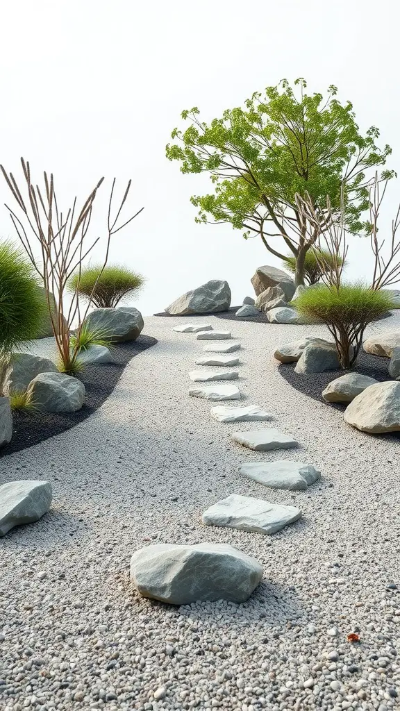 19 Stunning Rock Garden Landscaping Ideas to Transform Your Outdoor Space 7 A serene zen garden path made of smooth stones and gravel, surrounded by carefully arranged plants and rocks.