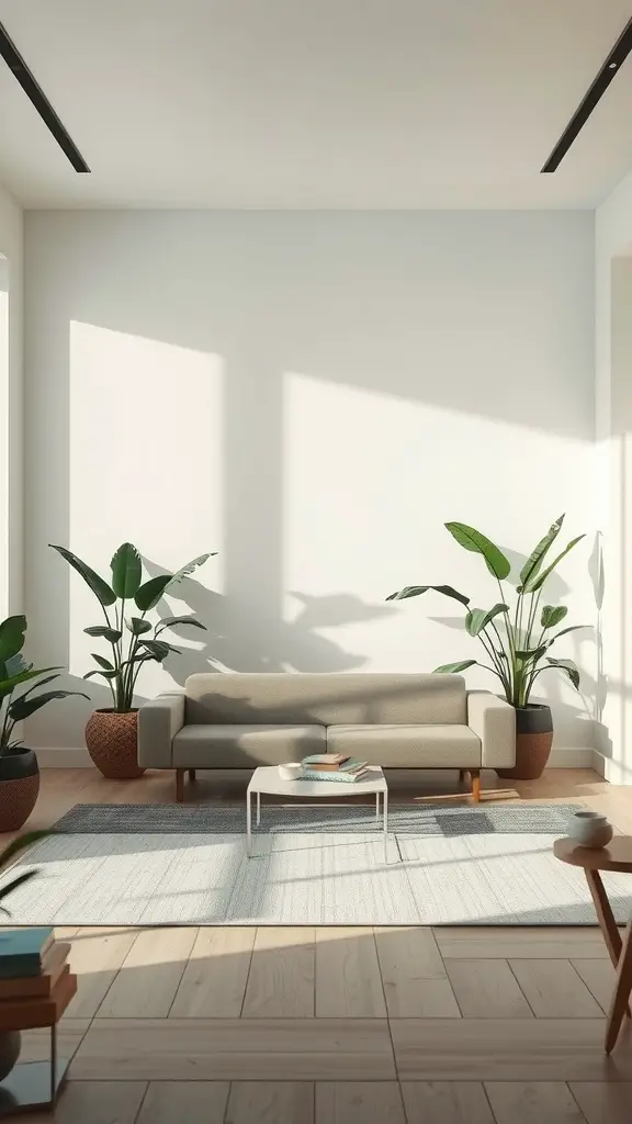 A serene interior with a couch and large indoor plants, designed as a meditation space.