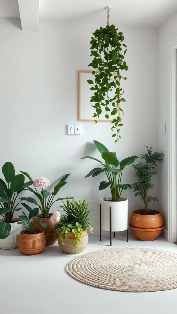 A minimalist basement plant room featuring various potted plants, a hanging plant, and a round jute rug