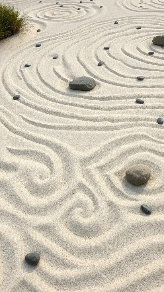 Sand patterns in a zen garden with stones and grass.