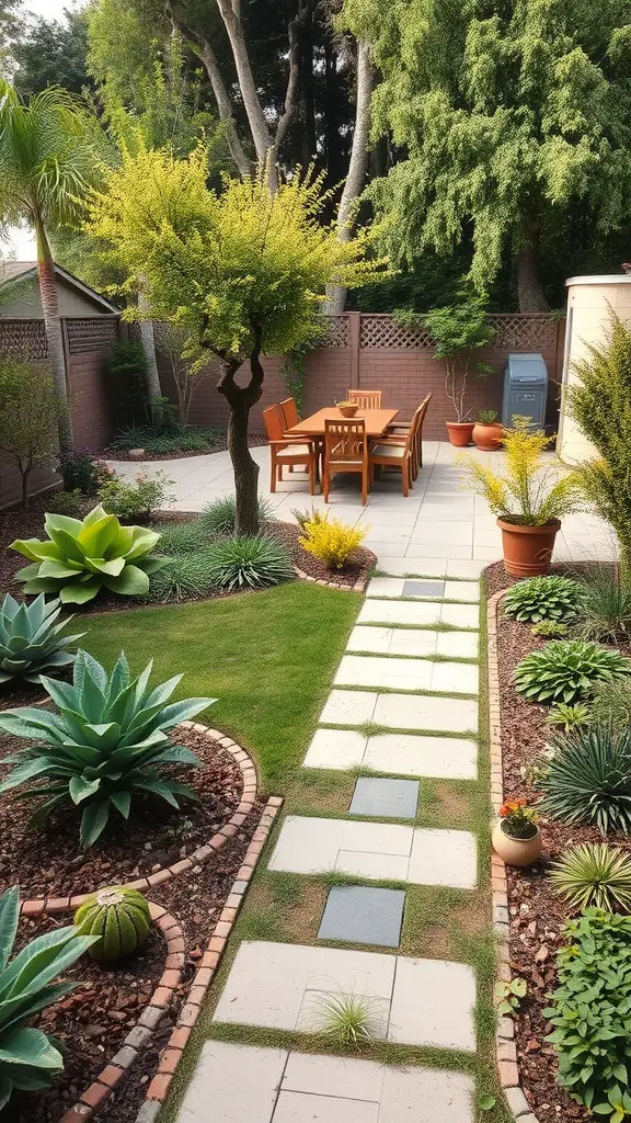 19 Stunning Large Backyard Layout Ideas to Transform Your Outdoor Space 2 A beautifully landscaped backyard featuring a dining area, stone pathway, and various plants.