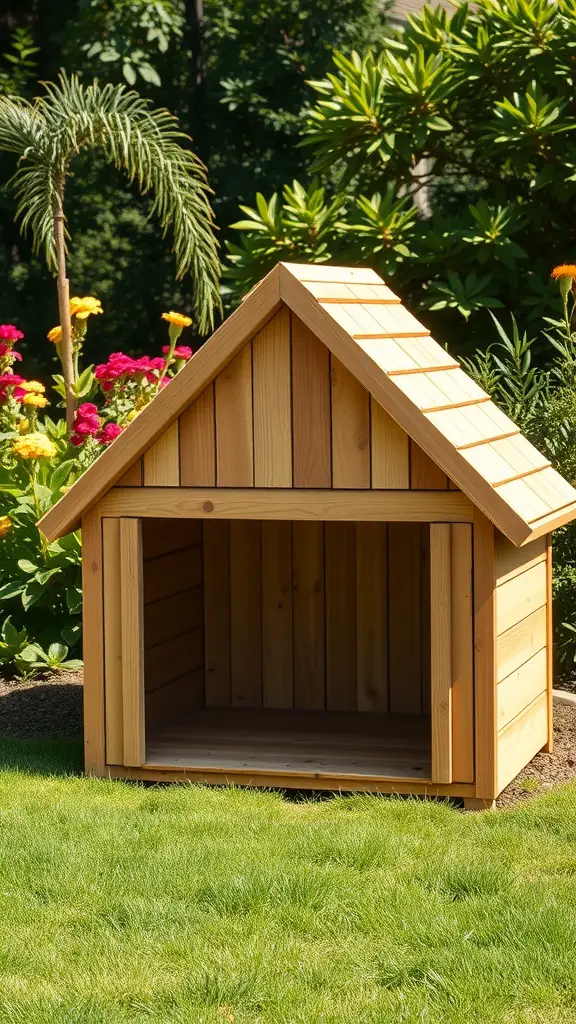 17+ Creative Outside Dog House Ideas for Your Furry Friend 5 A wooden A-frame dog house in a garden with flowers