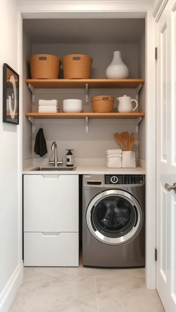 15+ Clever Hallway Laundry Closet Ideas for Small Spaces 12 A compact hallway laundry closet featuring a washer, dryer, and organized shelves.