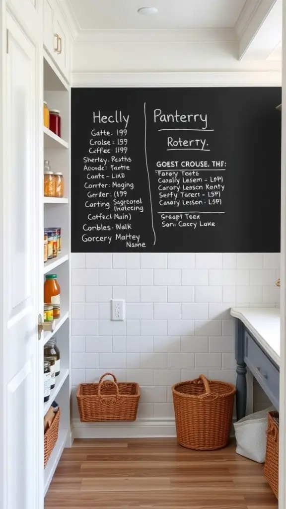 A pantry featuring a chalkboard wall with inventory lists and neatly organized shelves.