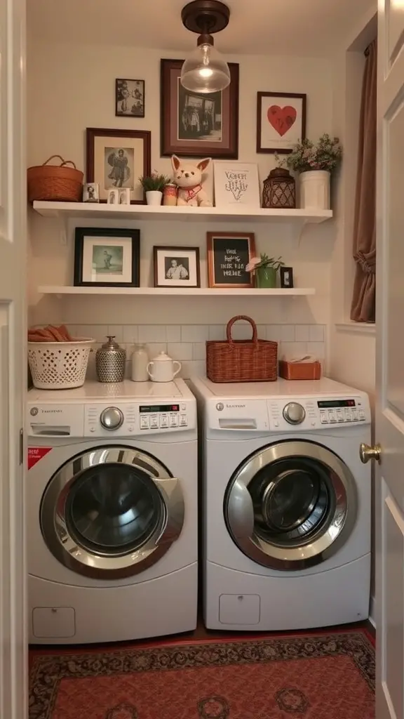 19 Clever Small Laundry Room Ideas to Maximize Space 15 A small laundry room with two washing machines, framed art on the wall, and decorative items on shelves.