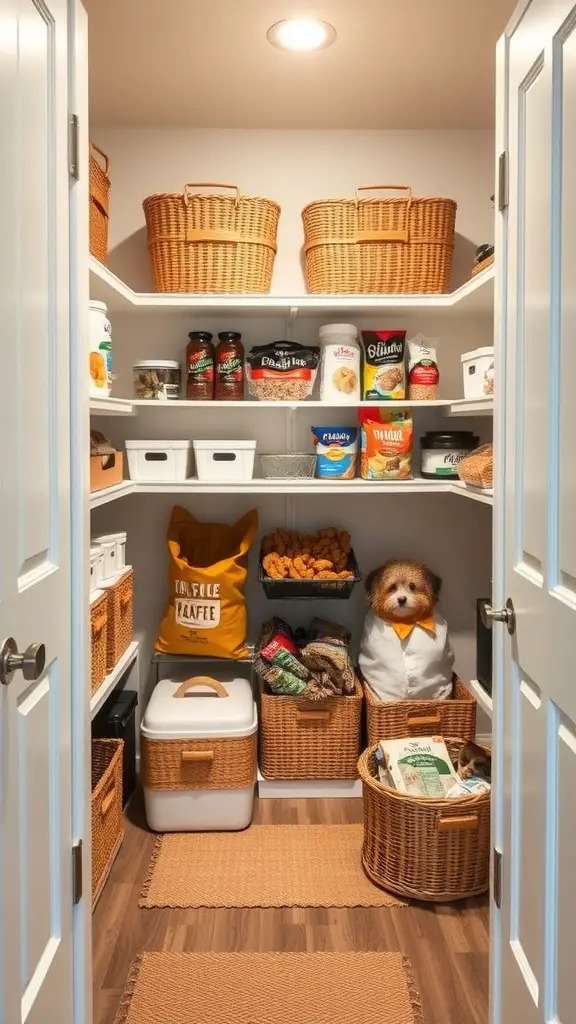 A well-organized walk-in pantry with pet food section, featuring baskets and containers for storage.