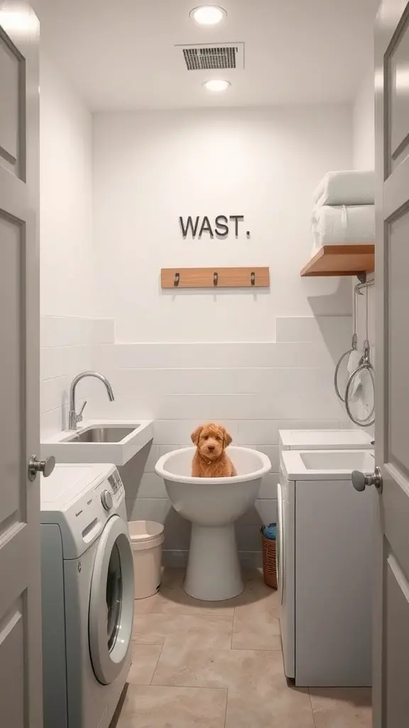 23 Creative Narrow Laundry Room Ideas You’ll Love 16 A narrow laundry room with a pet washing station featuring a dog in a tub.