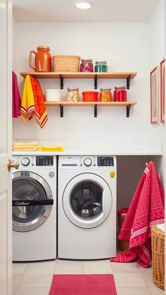 A bright and colorful tiny laundry room with shelves displaying jars and towels.