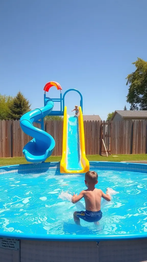 19 Inspiring Above Ground Pool Ideas for Your Backyard Oasis 13 A colorful slide next to an above ground pool with children playing.