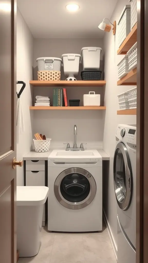 23 Creative Narrow Laundry Room Ideas You’ll Love 9 A narrow laundry room featuring a utility sink, washer, dryer, and organized shelves.