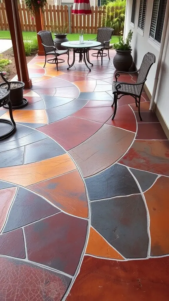 19+ Stunning Concrete Patio Makeover Ideas You’ll Love 4 A colorful stained concrete patio featuring a mix of red, orange, and gray patterns with chairs and a table.