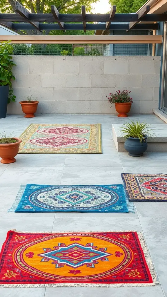 19+ Stunning Concrete Patio Makeover Ideas You’ll Love 12 Colorful outdoor rugs on a concrete patio with potted plants.