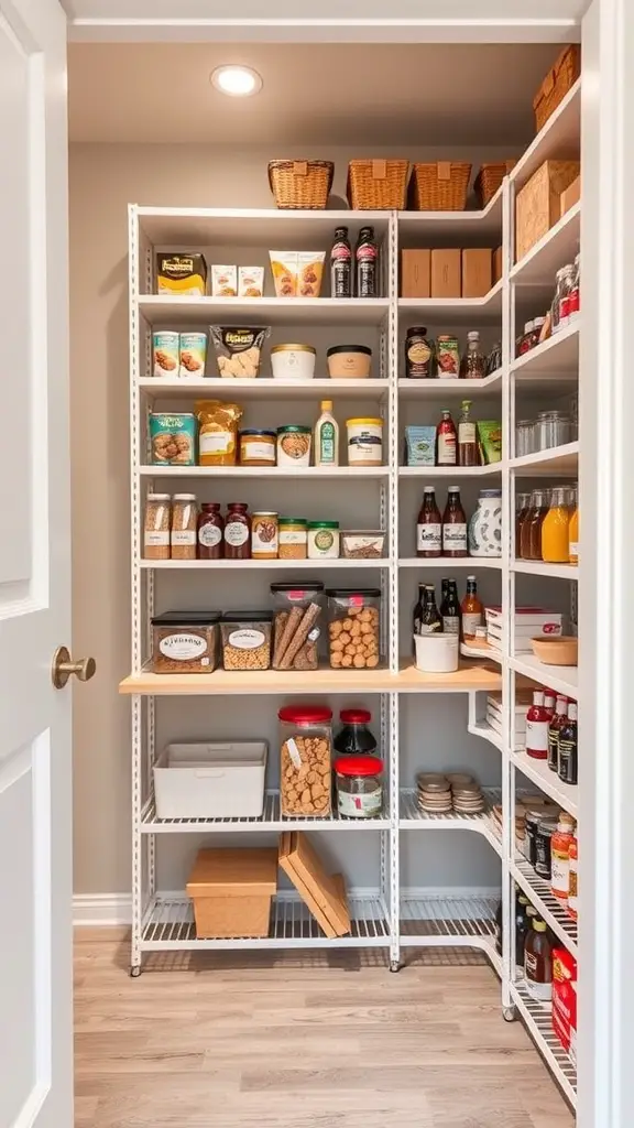 41+Inspiring Pantry Shelving Ideas to Maximize Your Space 9 A well-organized pantry with adjustable shelves filled with various food items and baskets.