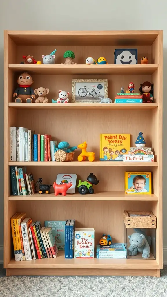 A wooden bookcase filled with colorful toys and books, showcasing adjustable shelving.