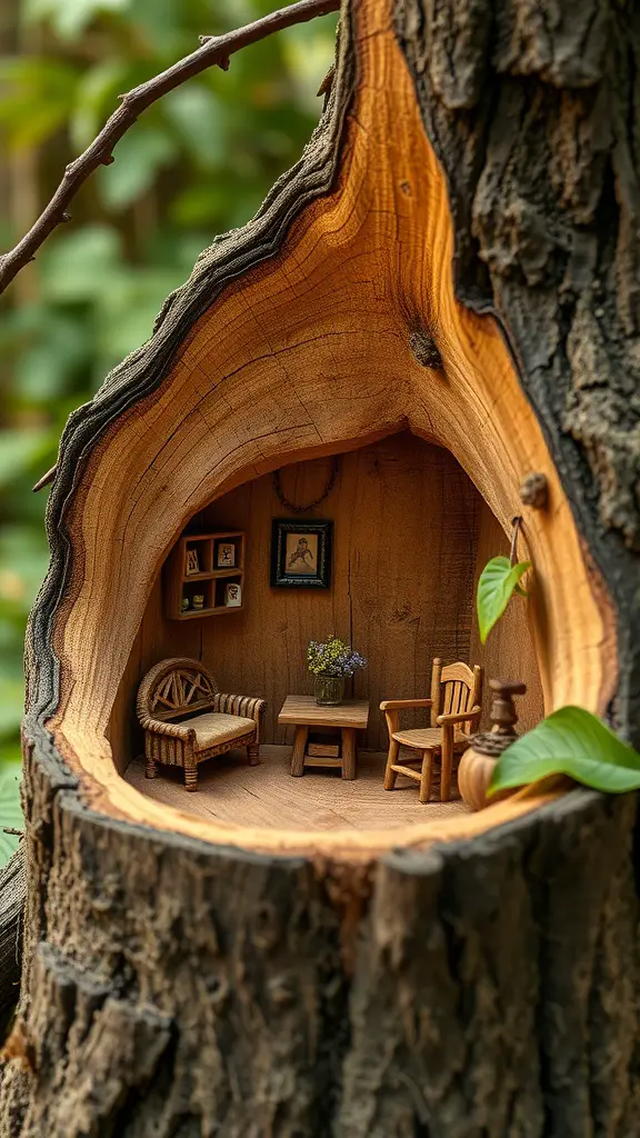 A cozy fairy house inside a tree stump with small wooden furniture and decorations.