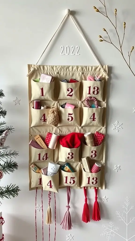 A fabric advent calendar with numbered pockets, filled with small items, hanging on a wall.