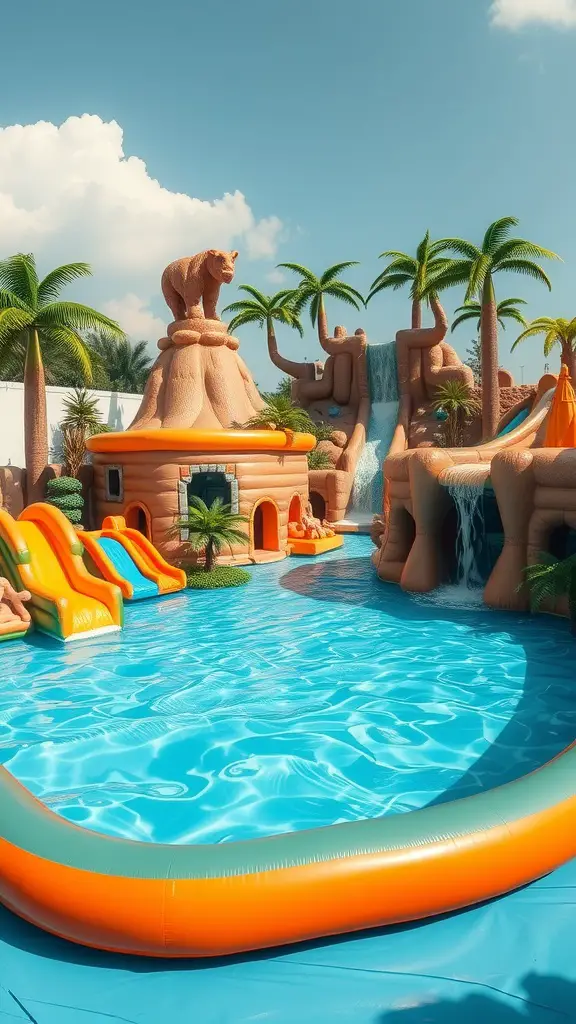 A vibrant inflatable pool with colorful slides, a bear statue, and palm trees, resembling a mini water park.