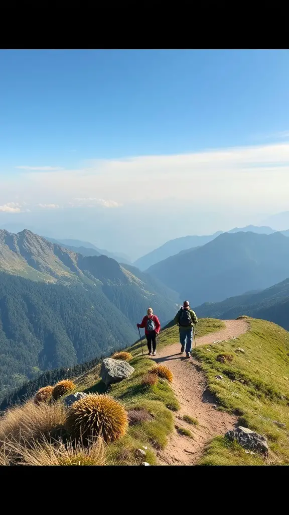 17 Creative Silent Auction Ideas to Boost Your Fundraising Event 2 Two hikers walking on a mountain path with a scenic view of hills and sky.