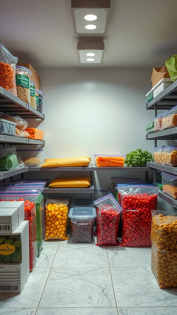 15+ Essential Food Storage Room Ideas for Your Home 13 A well-organized food storage room with colorful ingredients in air-tight containers on shelves.