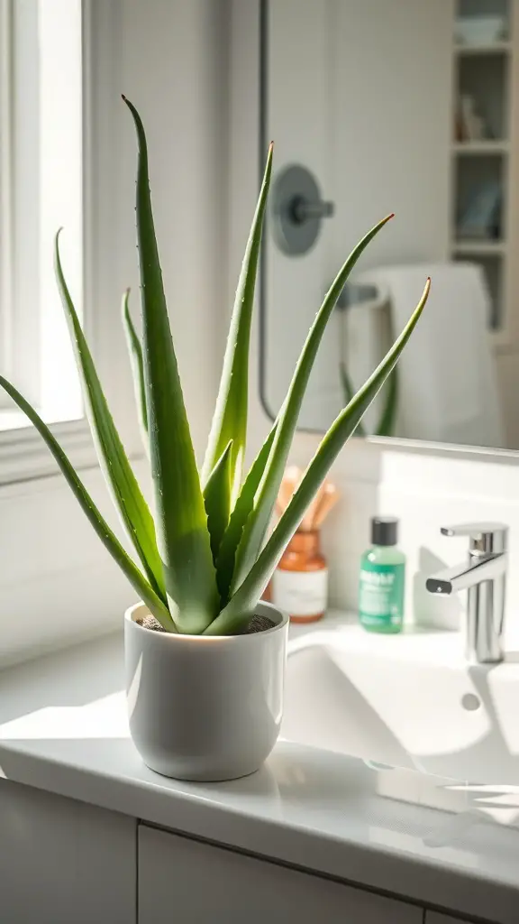 21 Stunning Bathroom Plants for a Fresh and Lively Space 5 Aloe Vera plant in a white pot on a bathroom countertop