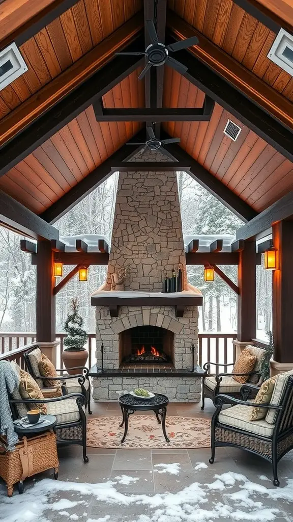 27 Cozy Outdoor Covered Patios with Fireplaces for Ultimate Comfort 12 Outdoor covered patio with a stone fireplace, wooden beams, and cozy seating, surrounded by snow-covered trees.