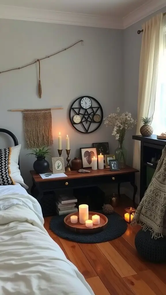 A cozy bedroom corner featuring an altar with candles, plants, and personal decor.